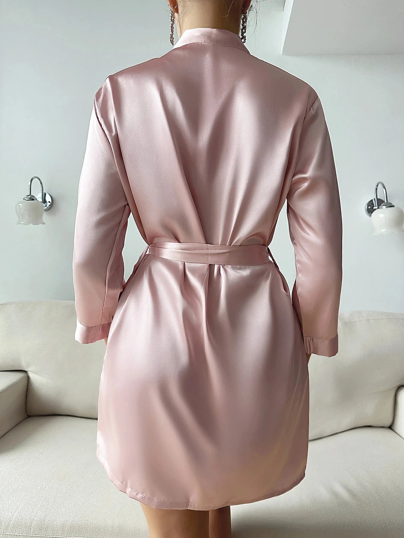 Night Robe Long Sleeve V Neck Robe With Belt Women's Sleepwear