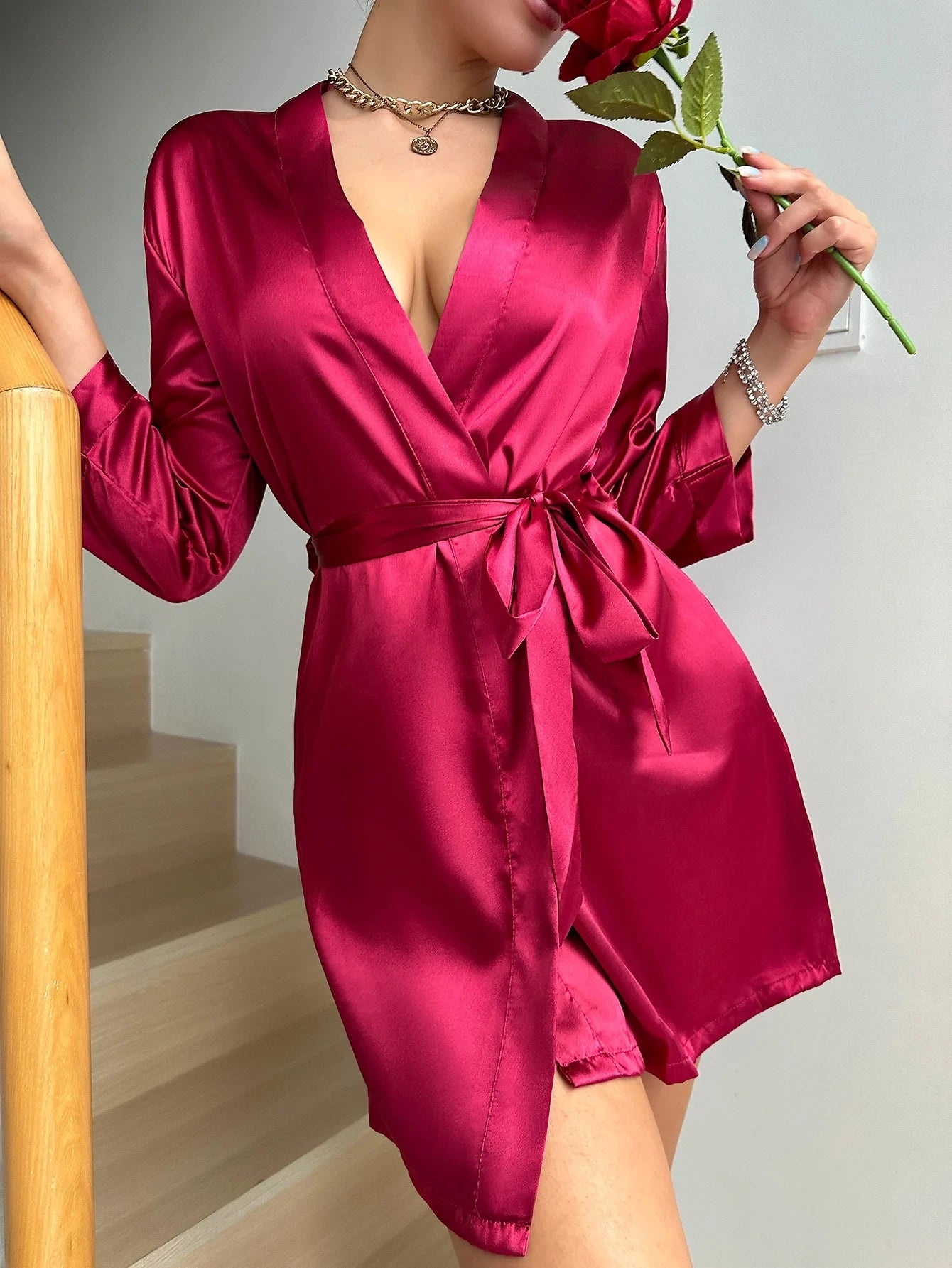 Night Robe Long Sleeve V Neck Robe With Belt Women's Sleepwear