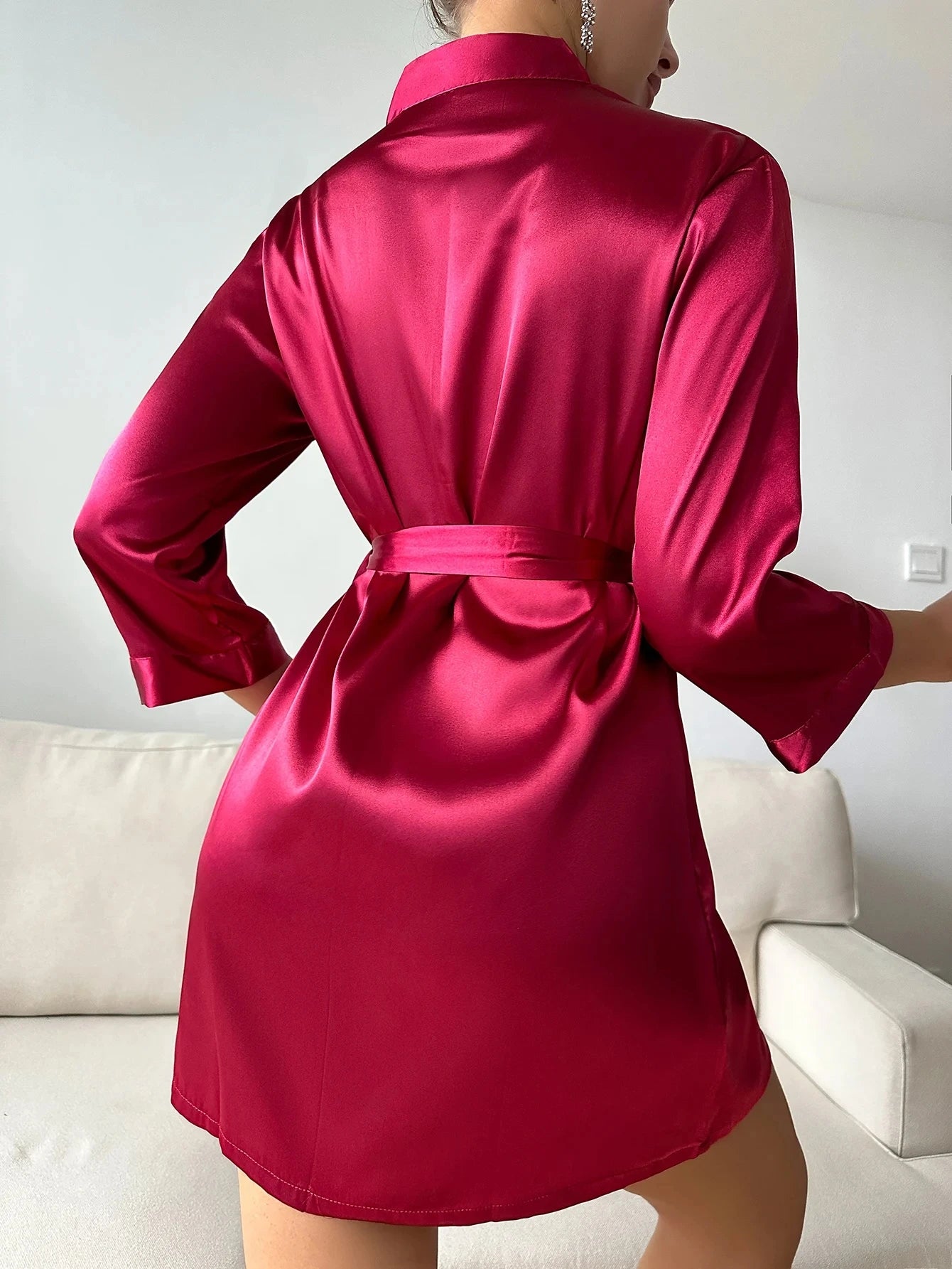 Night Robe Long Sleeve V Neck Robe With Belt Women's Sleepwear