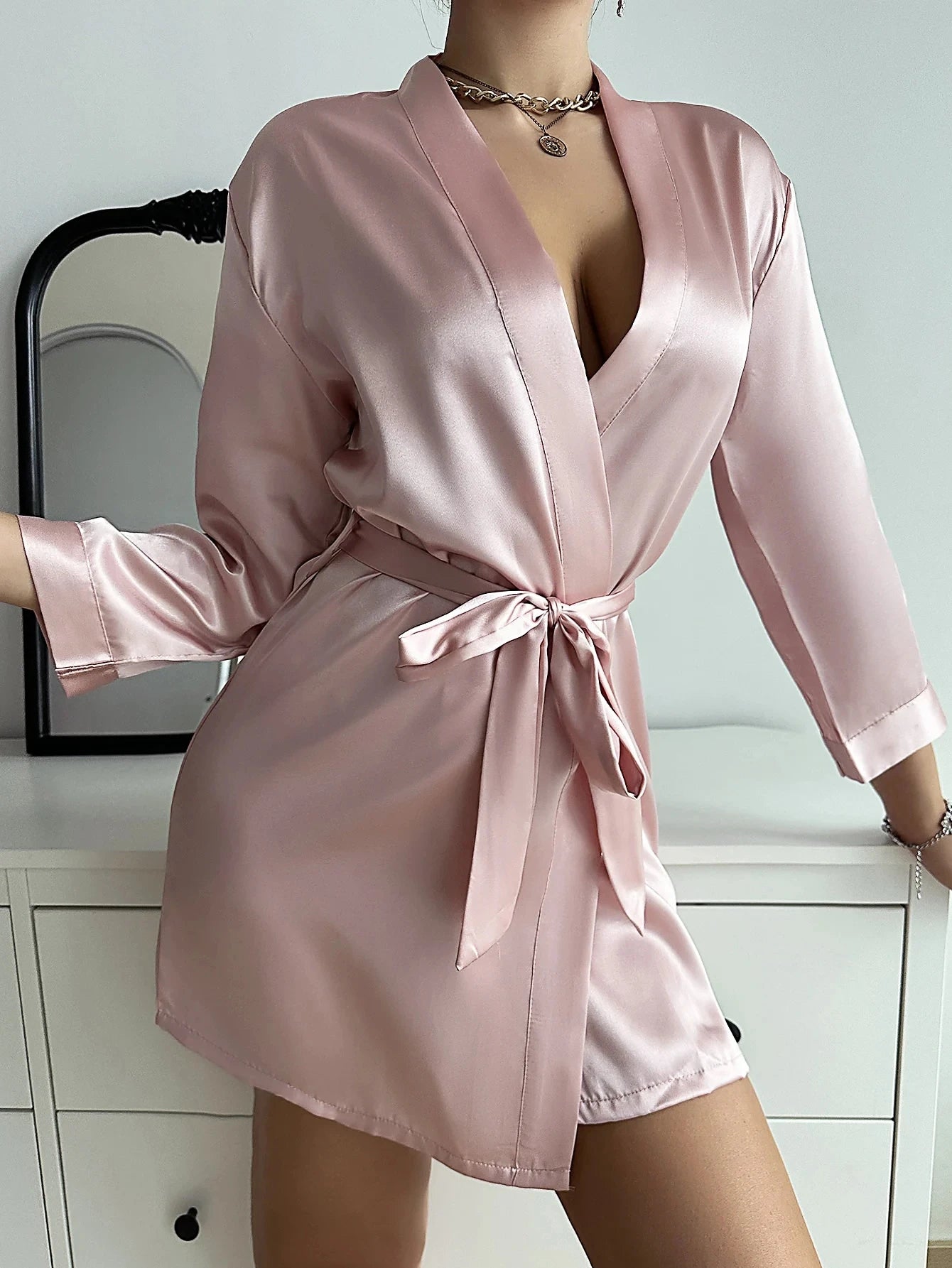 Night Robe Long Sleeve V Neck Robe With Belt Women's Sleepwear