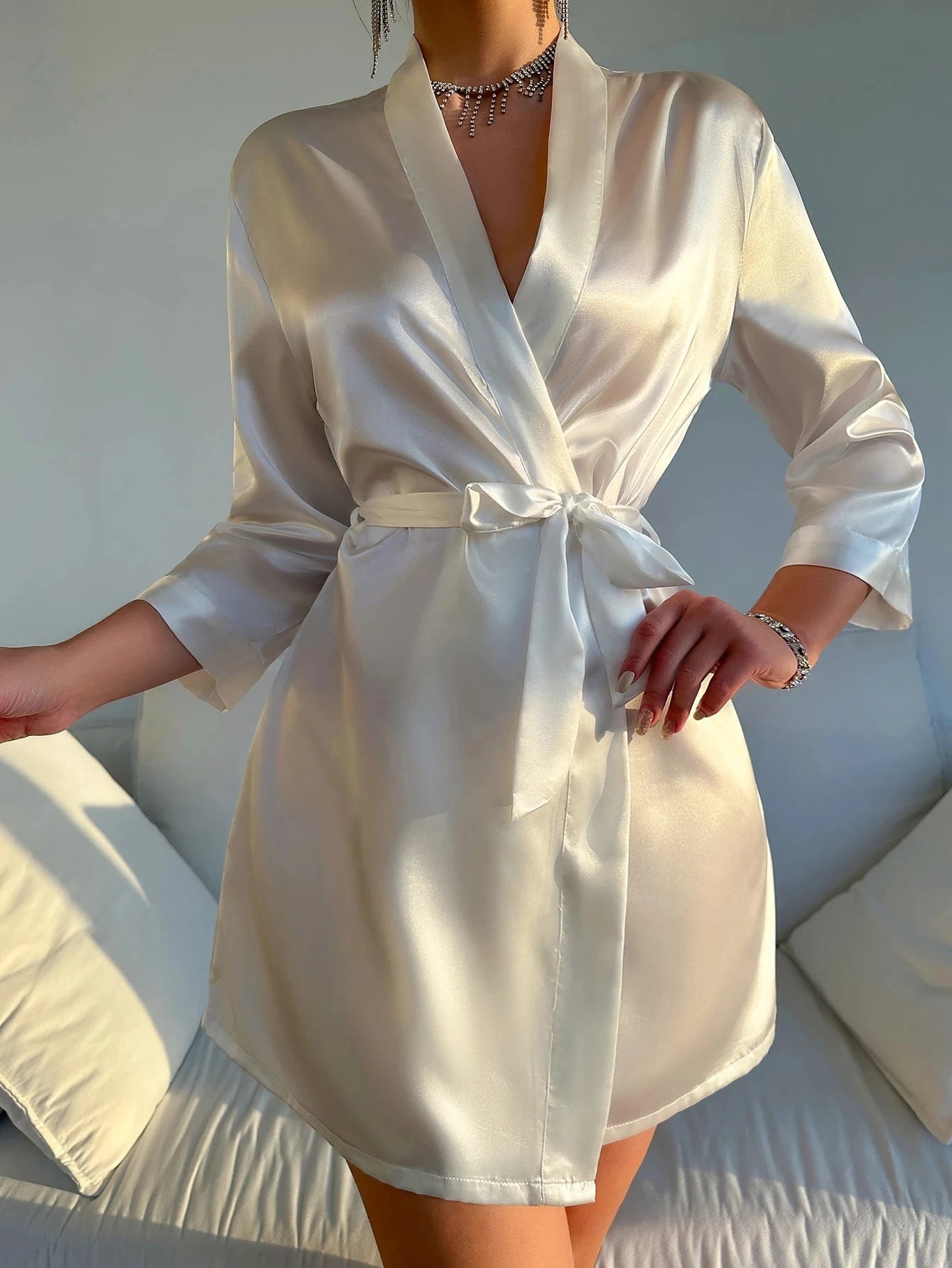 Night Robe Long Sleeve V Neck Robe With Belt Women's Sleepwear